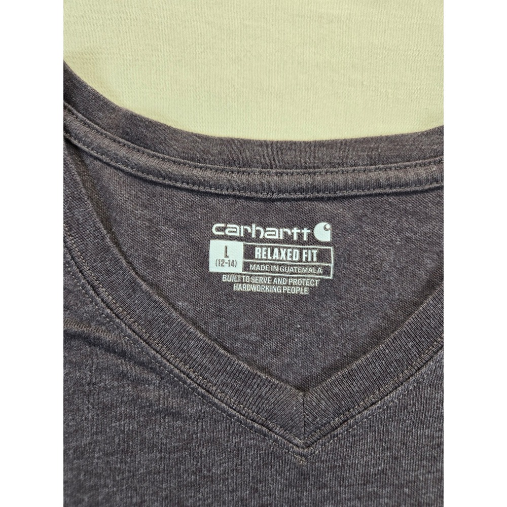 Carhartt T-Shirt Womens L Purple TK4407-W Relaxed Fit V-Neck Long Sleeve Logo - Picture 3 of 7